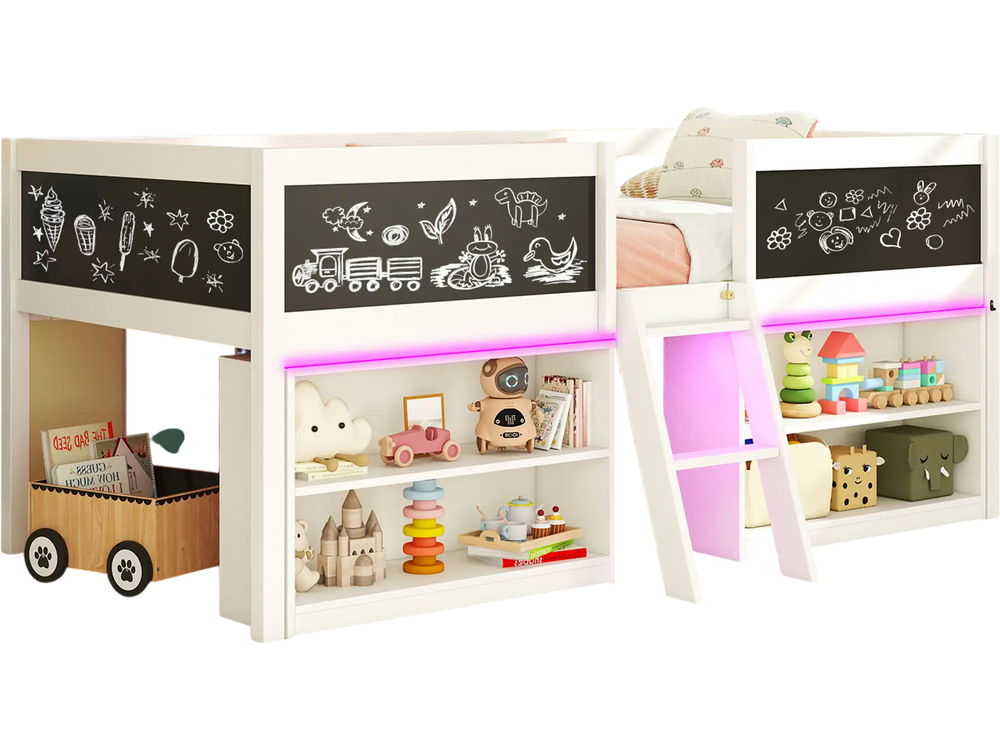 Low loft bed with LED lights, chalkboards, and bookcases in white, perfect for kids' rooms and organizing toys.