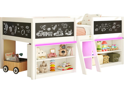 Costway Kids Low Loft Cabin Bed w/ LED Lights & Bookcases White 928364157 New
