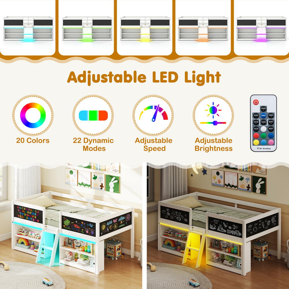 Low loft bed with adjustable LED lights, bookcases, and chalkboards for kids' storage and creativity in white finish.