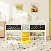 Low loft bed with LED lights, chalkboards, and storage shelves in white for kids' imaginative play and organization.