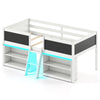 Low loft bed in white with LED lights, storage shelves, and chalkboards for kids' creativity and organization.