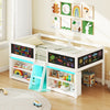 Low loft bed with LED lights, chalkboards, and storage shelves in white, perfect for kids' play and organization.