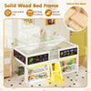 Low loft bed with LED lights, solid pine wood, and storage shelves for kids' toys and books in a stylish white finish.