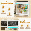 Low loft bed with LED lights, featuring 2 storage shelves and 4 chalkboards for kids' toys, books, and creativity.