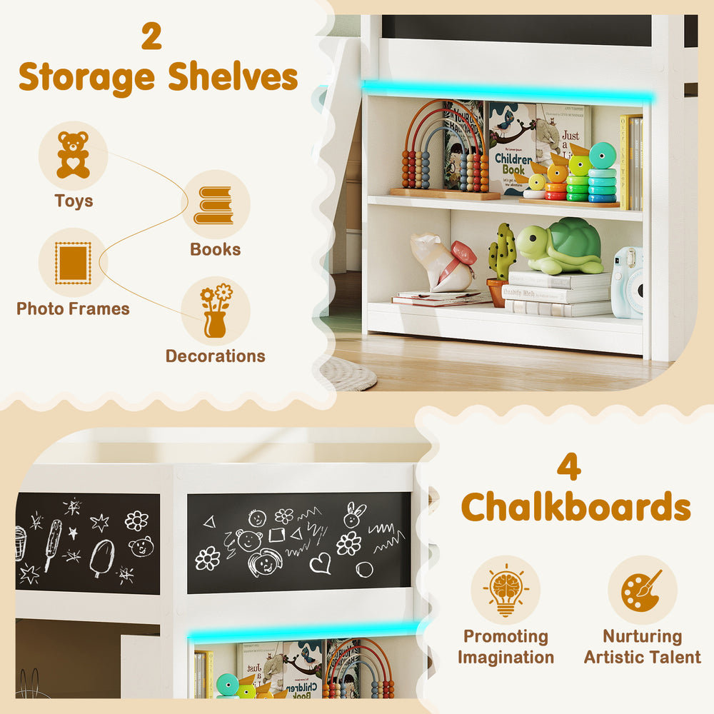 Low loft bed with LED lights, featuring 2 storage shelves and 4 chalkboards for kids' toys, books, and creativity.