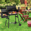Low Smoke Outdoor BBQ Grill showcasing the attached firebox and side shelf, perfect for outdoor barbecues and.