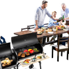 Low Smoke Outdoor BBQ Grill with steel firebox and side shelf, perfect for outdoor cooking and gatherings.