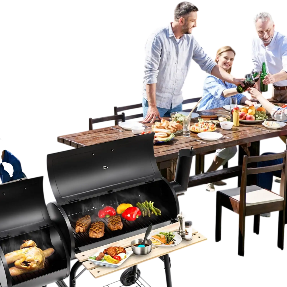 Low Smoke Outdoor BBQ Grill with steel firebox and side shelf, perfect for outdoor cooking and gatherings.