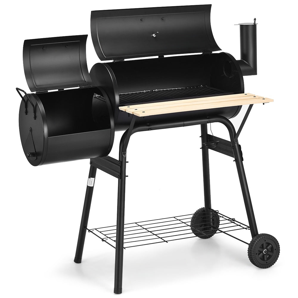 Low Smoke Outdoor BBQ Grill with steel firebox and side shelf, ideal for outdoor cooking and grilling.