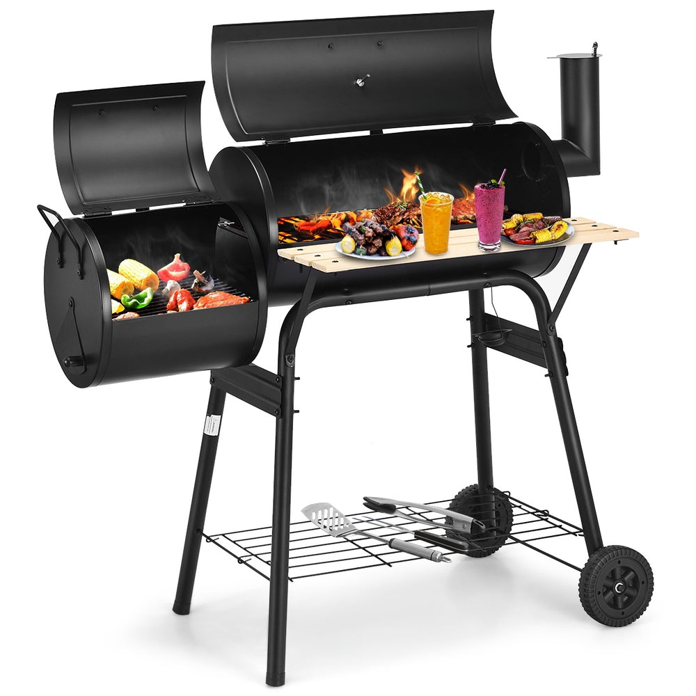 Low Smoke Outdoor BBQ Grill with steel firebox and side shelf, ideal for outdoor cooking and barbecuing.