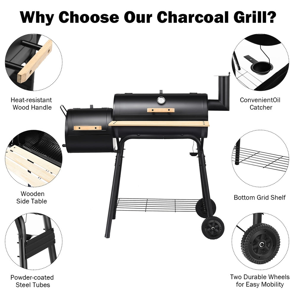 Low Smoke Outdoor BBQ Grill with steel firebox, side shelf, and durable construction for outdoor cooking.