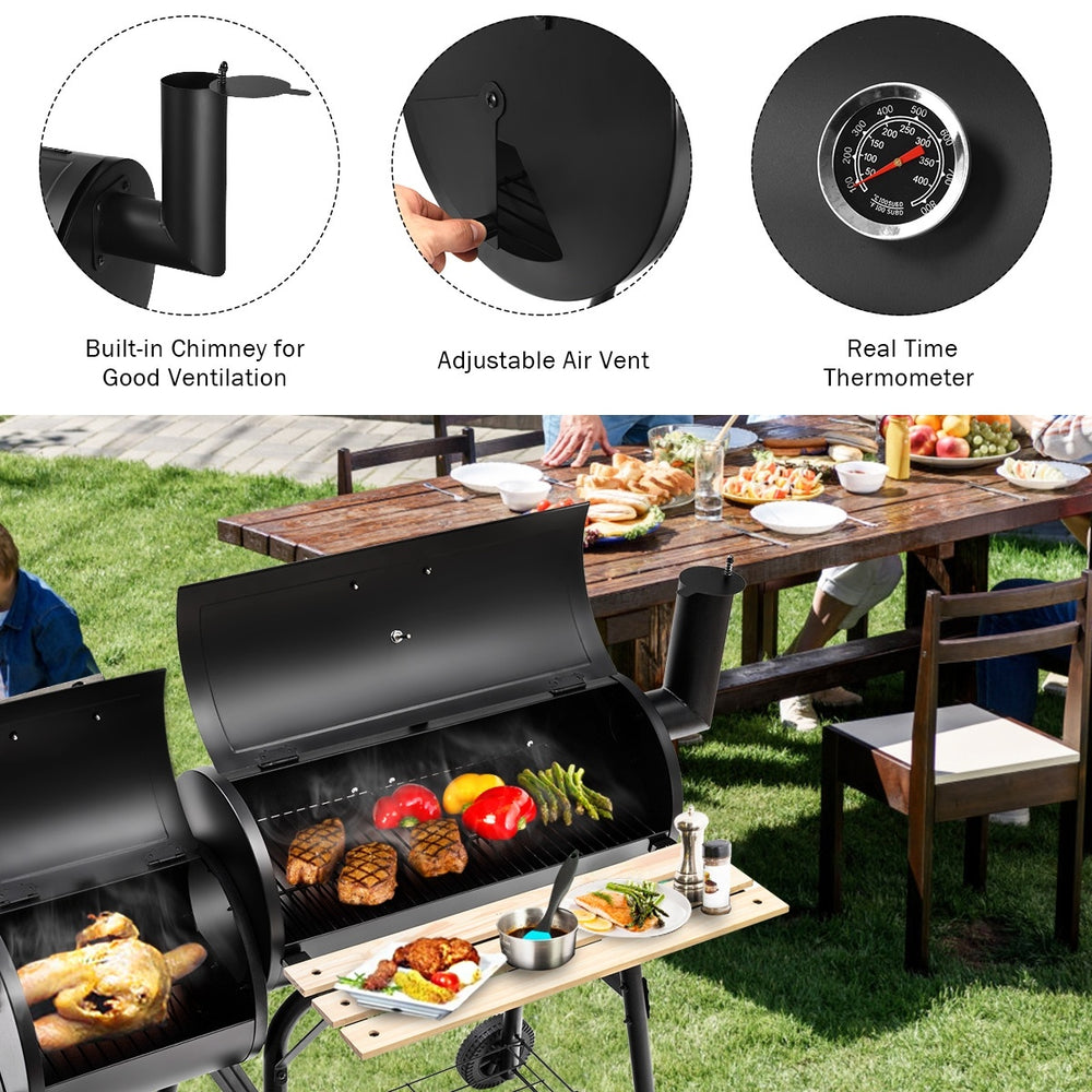 Low Smoke Outdoor BBQ Grill with steel firebox, adjustable air vent, and side shelf for outdoor cooking convenience.