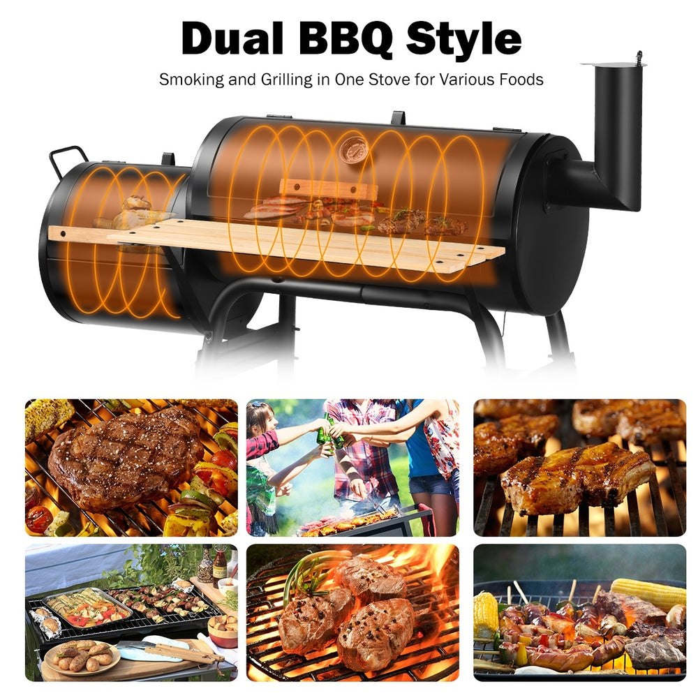Low Smoke Outdoor BBQ Grill with firebox, durable steel construction, and side shelf for outdoor cooking convenience.