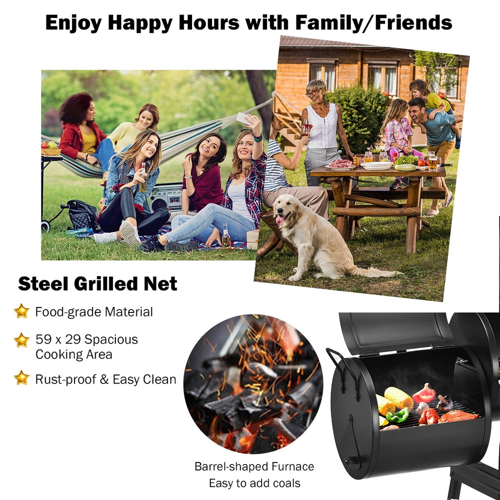 Low Smoke Outdoor BBQ Grill with steel firebox, side shelf, and spacious cooking area for outdoor gatherings.