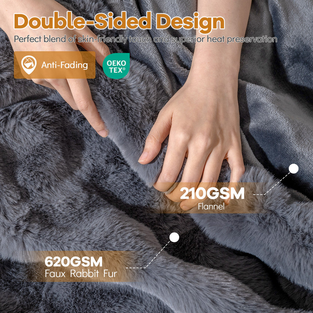 Luxury gray fuzzy plush rabbit fur bubble blanket showcasing double-sided design with soft flannel and faux fur texture.