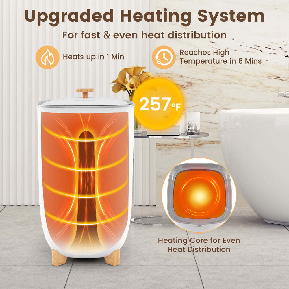 40L towel warmer in white with upgraded heating system, reaching high temperatures in 6 minutes for luxurious warmth.