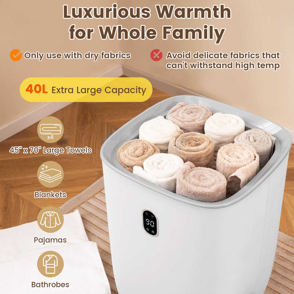 40L towel warmer in white with large capacity, heating towels and blankets quickly for family comfort and luxury.