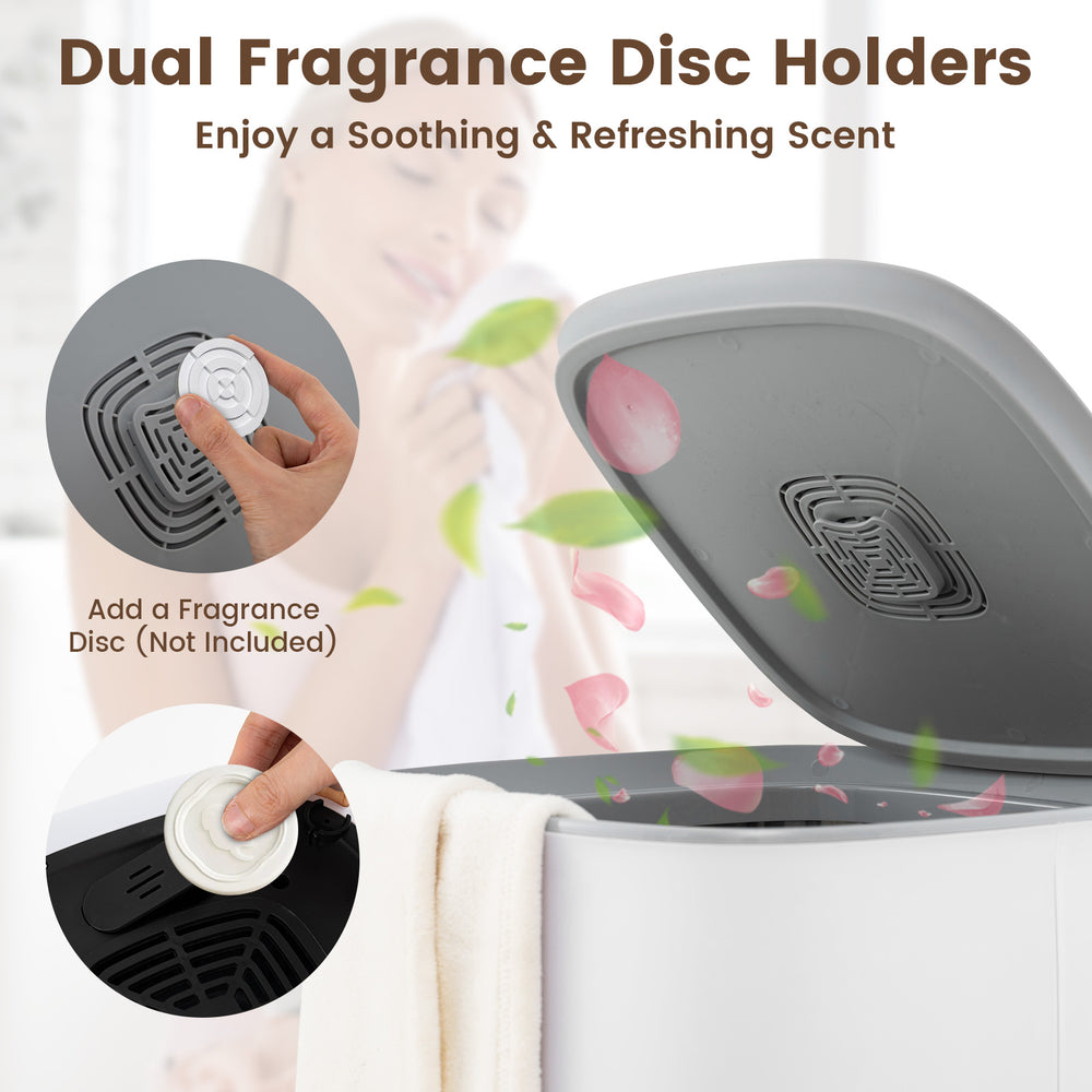 Dual fragrance disc holders on the 40L towel warmer for soothing scents, featuring a sleek design and easy controls.