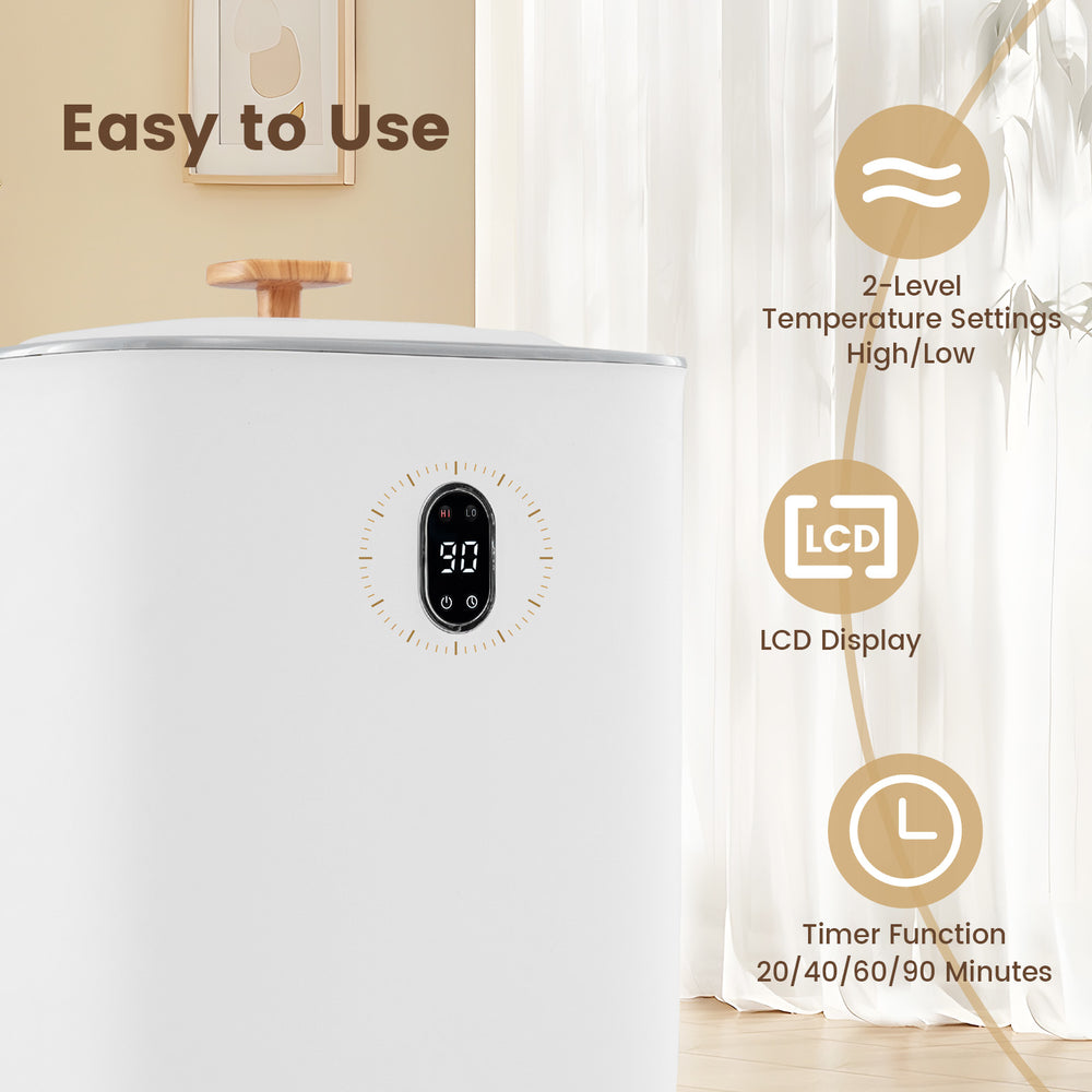 40L white towel warmer with LCD display, 2 temperature settings, and timer function for customized warmth and.