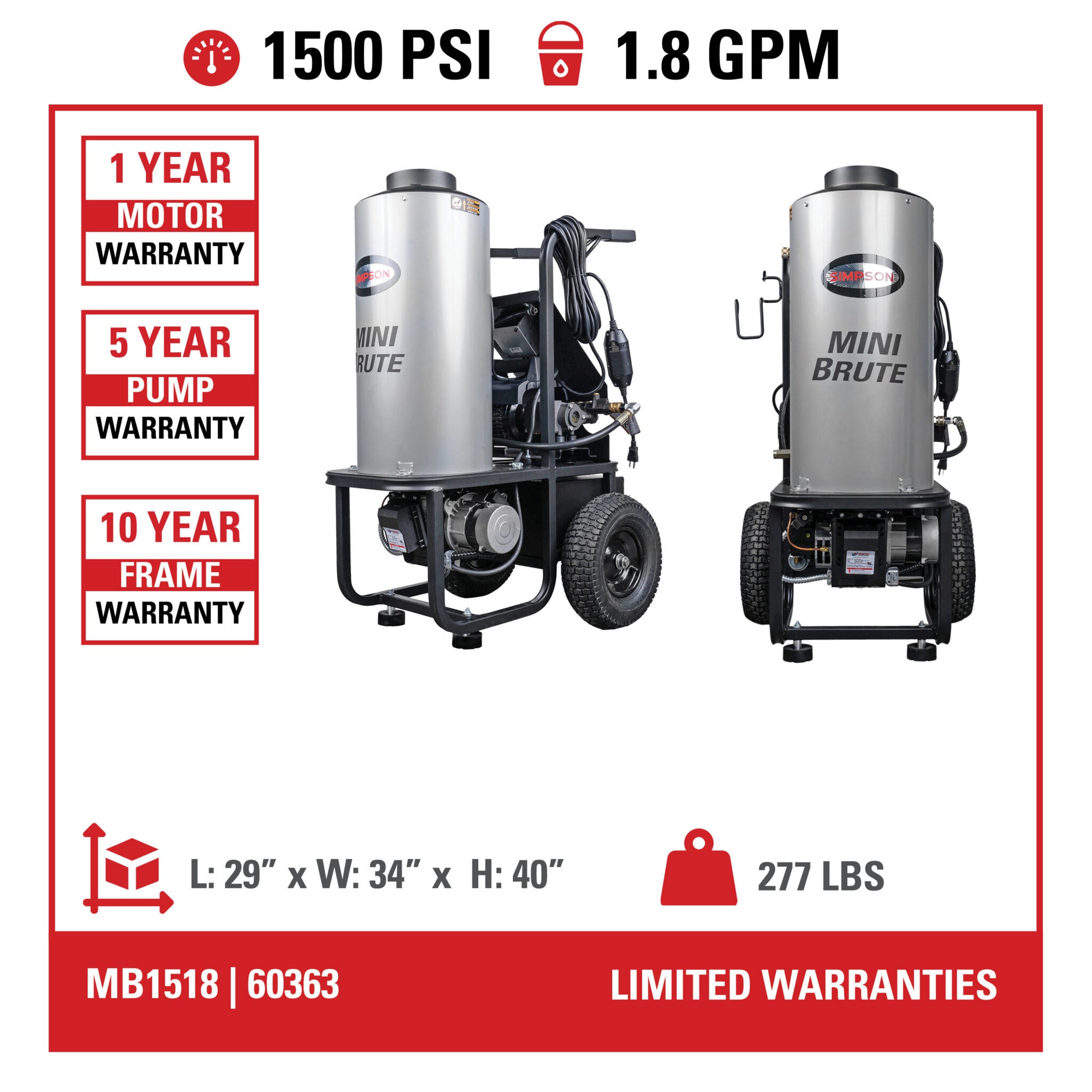 Simpson MB1518 Brute Series Pressure Washer 1500 PSI 1.8 GPM Hot Water Electric New