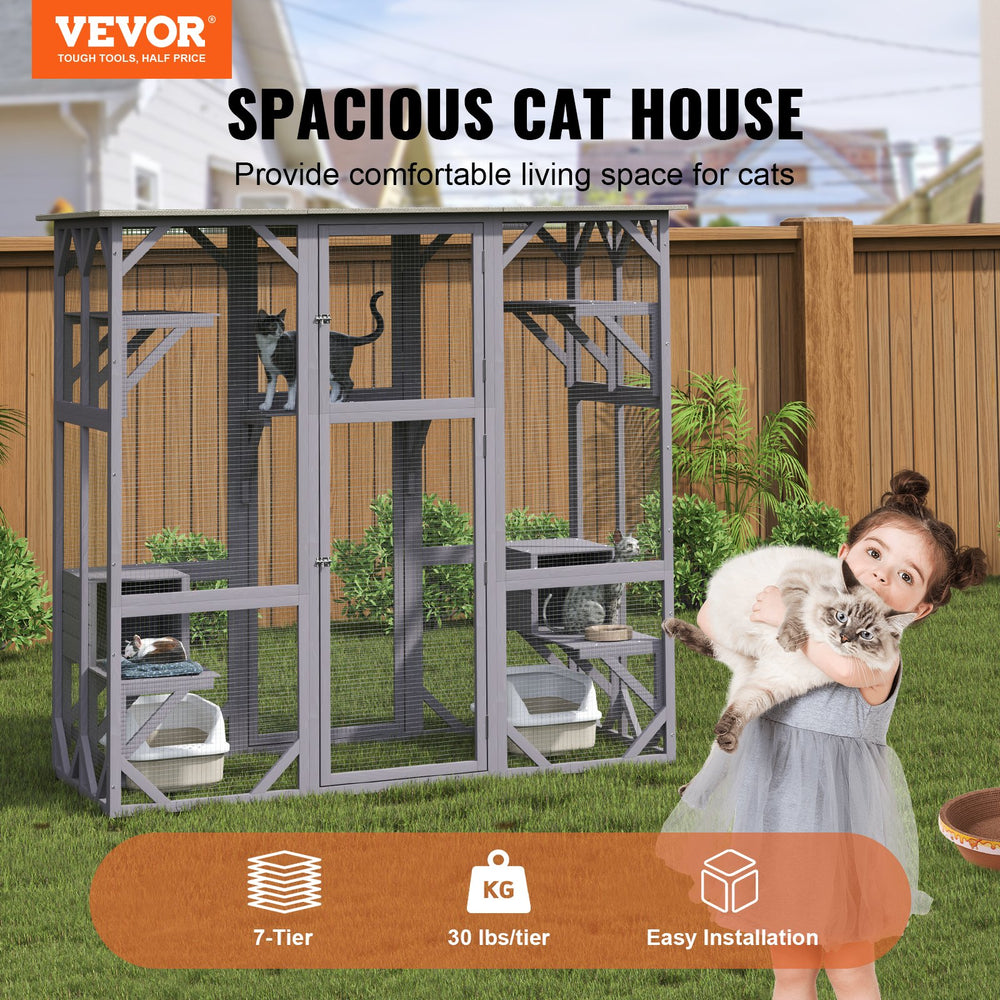 Vevor Cat House Outdoor 7-Tier Large Catio with 5 Platforms 2 Resting Boxes 71.2" x 34.6" x 66.5" New