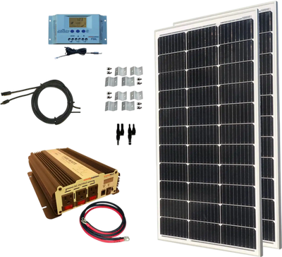 WindyNation MSPK-200W-15 Solar Panel Complete Kit 200W P30L LCD Controller with 1500W VertaMax Power Inverter for 12V Battery Systems New