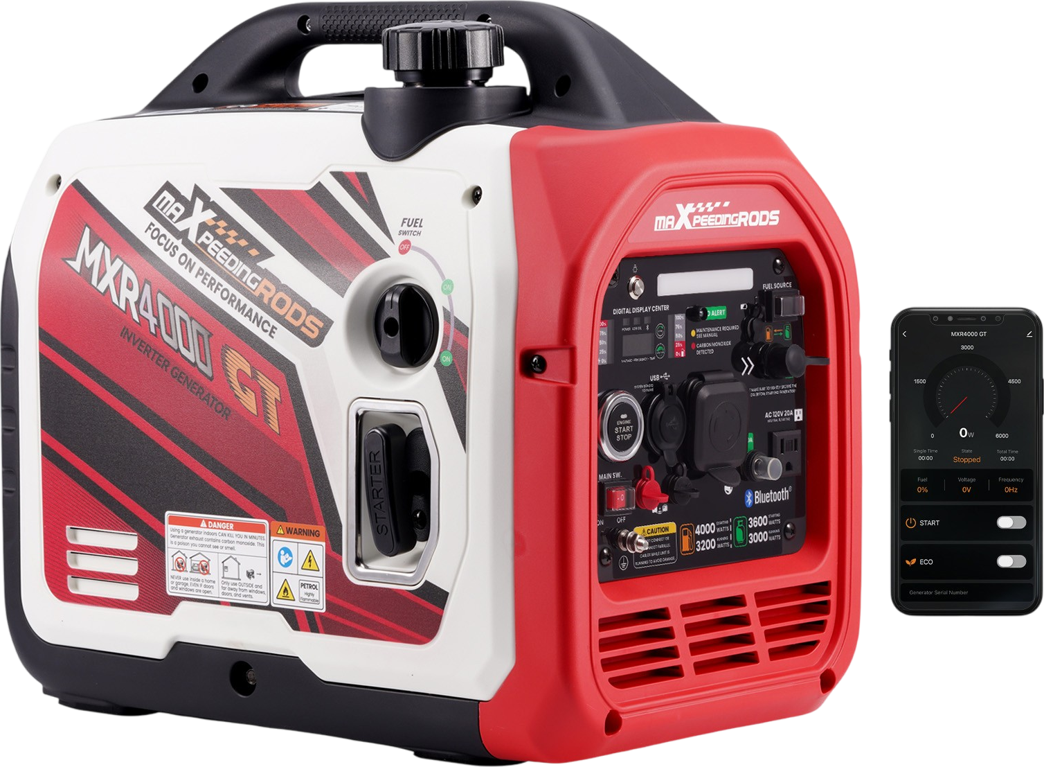 Maxpeedingrods MXR4000GT-US Dual Fuel Inverter Generator 3200W/4000W Low THD Parallel RV Ready CO Alert Bluetooth Control New