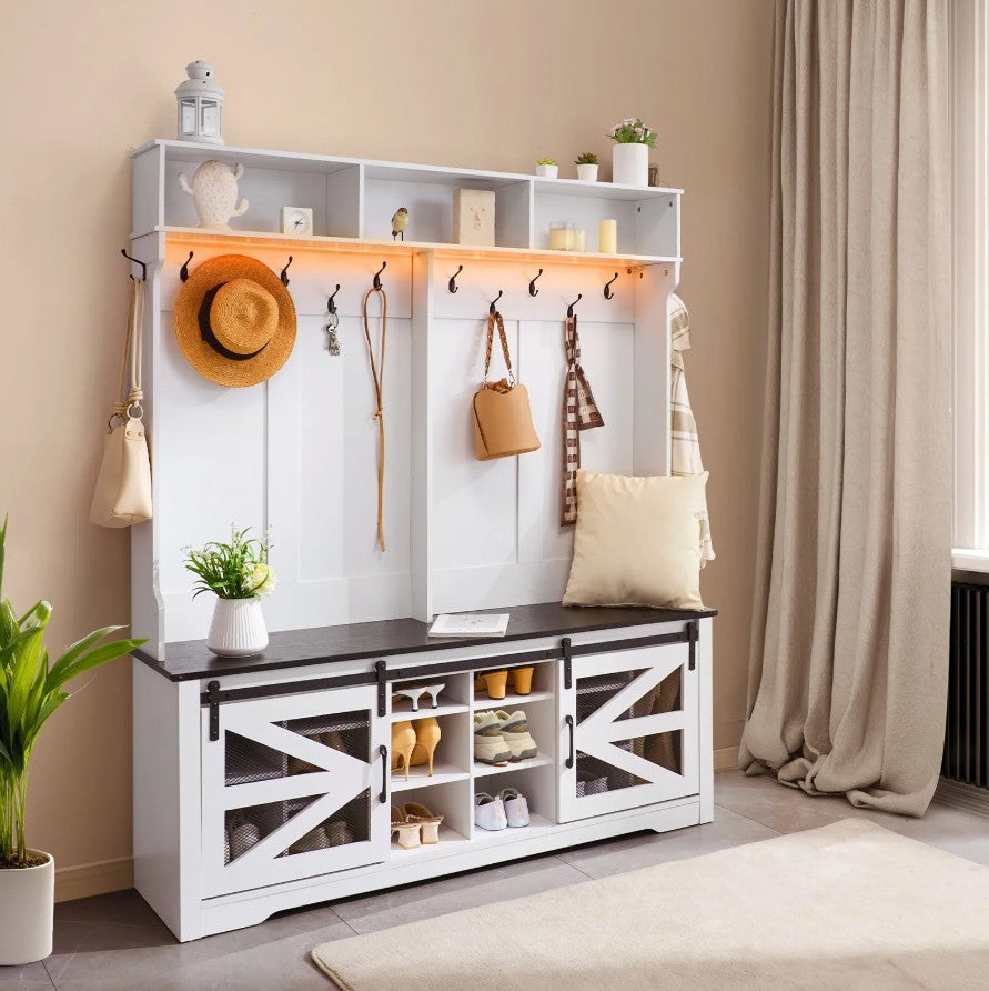 Vevor Hall Tree Entryway Bench 59" with LED Coat Rack Shoe Storage and 12 Hooks New