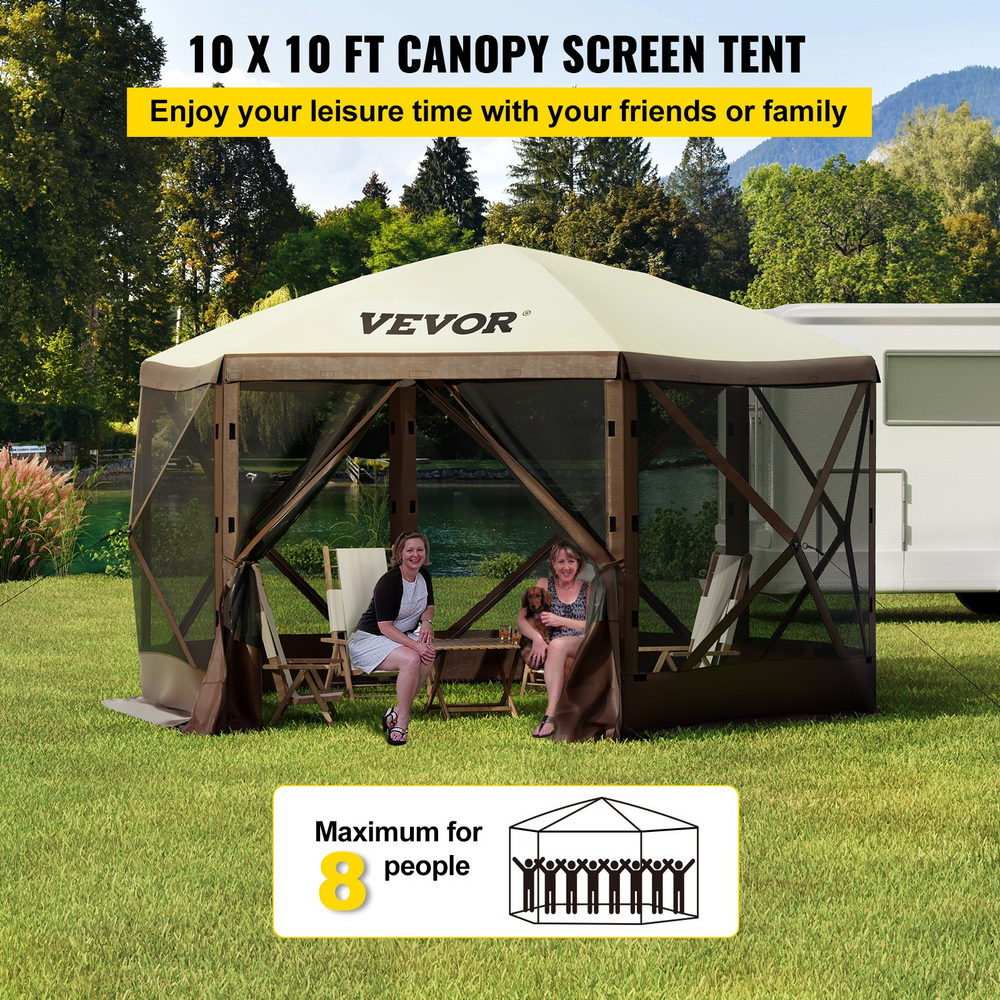Vevor Camping Gazebo Tent 10' x 10' 6 Sided Pop Up Canopy Screen For 8 People With Storage Bag New