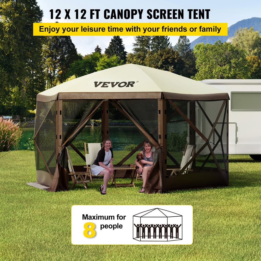 Vevor Camping Gazebo Tent 12' x 12' 6 Sided Pop Up Canopy Screen For 8 People With Storage Bag New