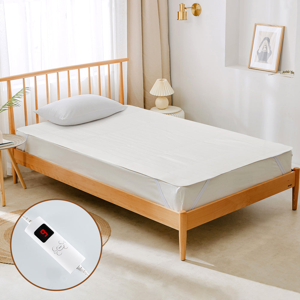 Twin size machine washable electric bed warmer with dual controllers, 9 heat settings, and 9-hour auto-off feature.