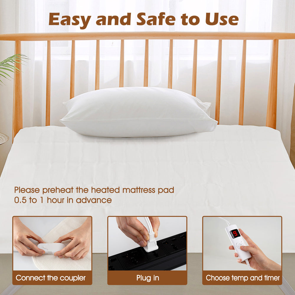 Electric bed warmer with dual controllers, 9 heat settings, and machine washable design for personalized comfort.