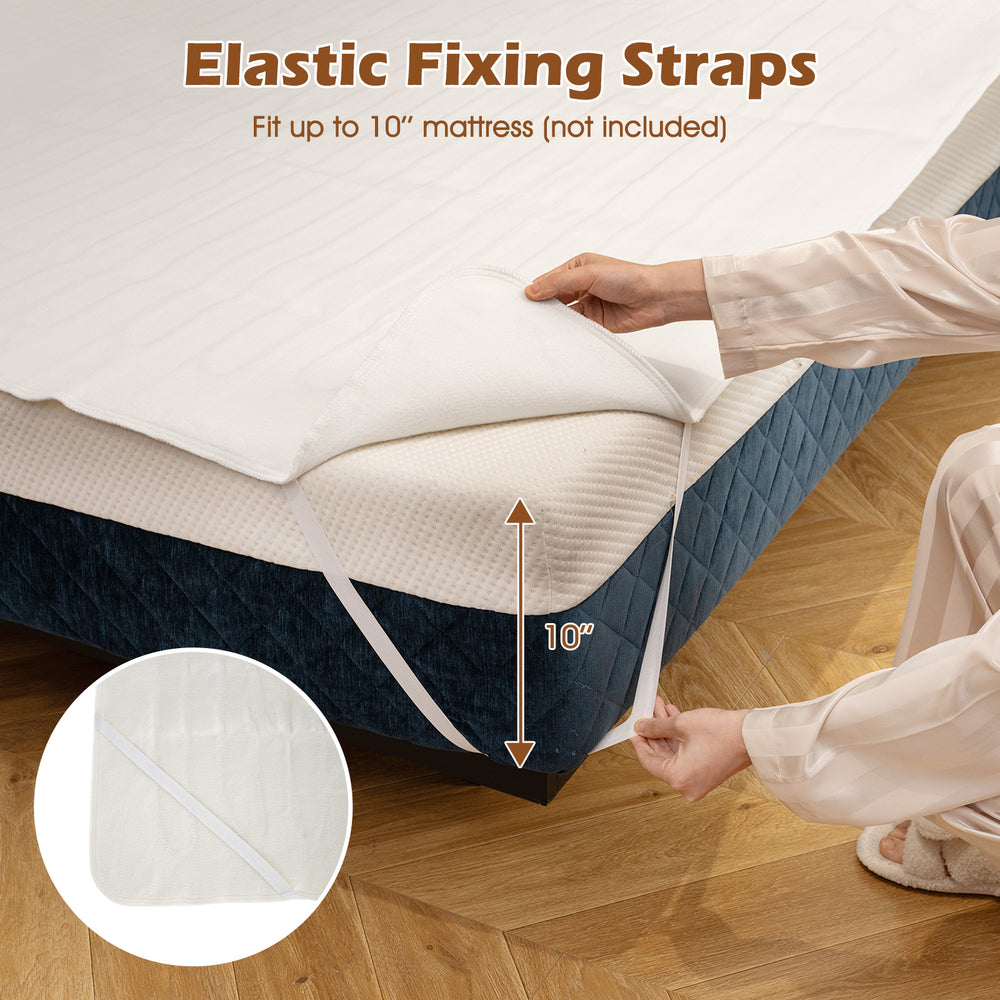 Elastic fixing straps for the machine washable electric bed warmer, fitting up to 10" mattress for personalized comfort.