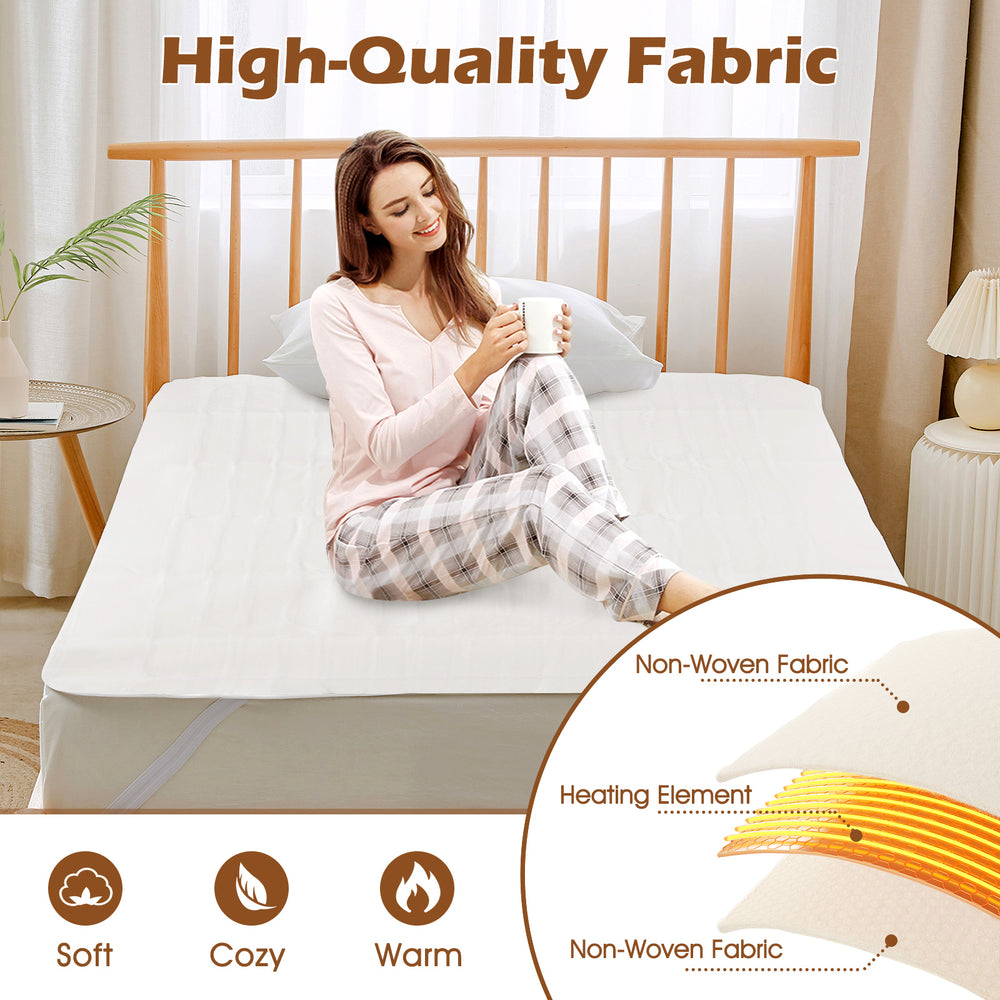 Electric bed warmer in twin size, featuring soft non-woven fabric, dual controllers, and 9 heat settings for cozy sleep.