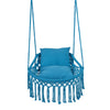 Macrame swing chair in navy with two removable cushions, featuring decorative fringes for indoor or outdoor use.