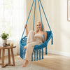 Macrame swing chair in navy with removable cushions, featuring a sturdy frame and bohemian style for indoor or outdoor.