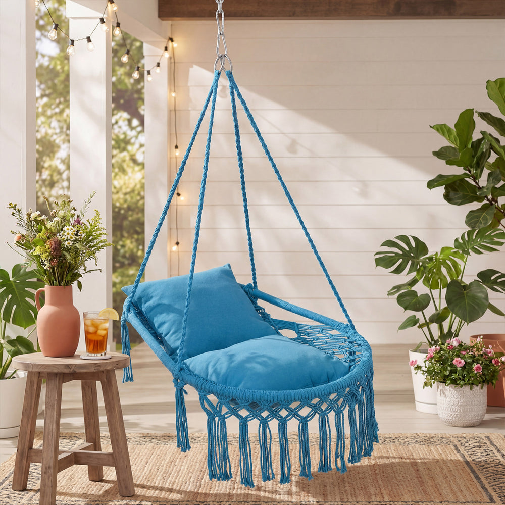Macrame Swing Chair Hammock Chair with 2 Removable Cushions-Navy - Gallery View 1 of 9