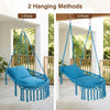 Macrame swing chair hammock in navy with two hanging methods, featuring removable cushions and decorative fringes.