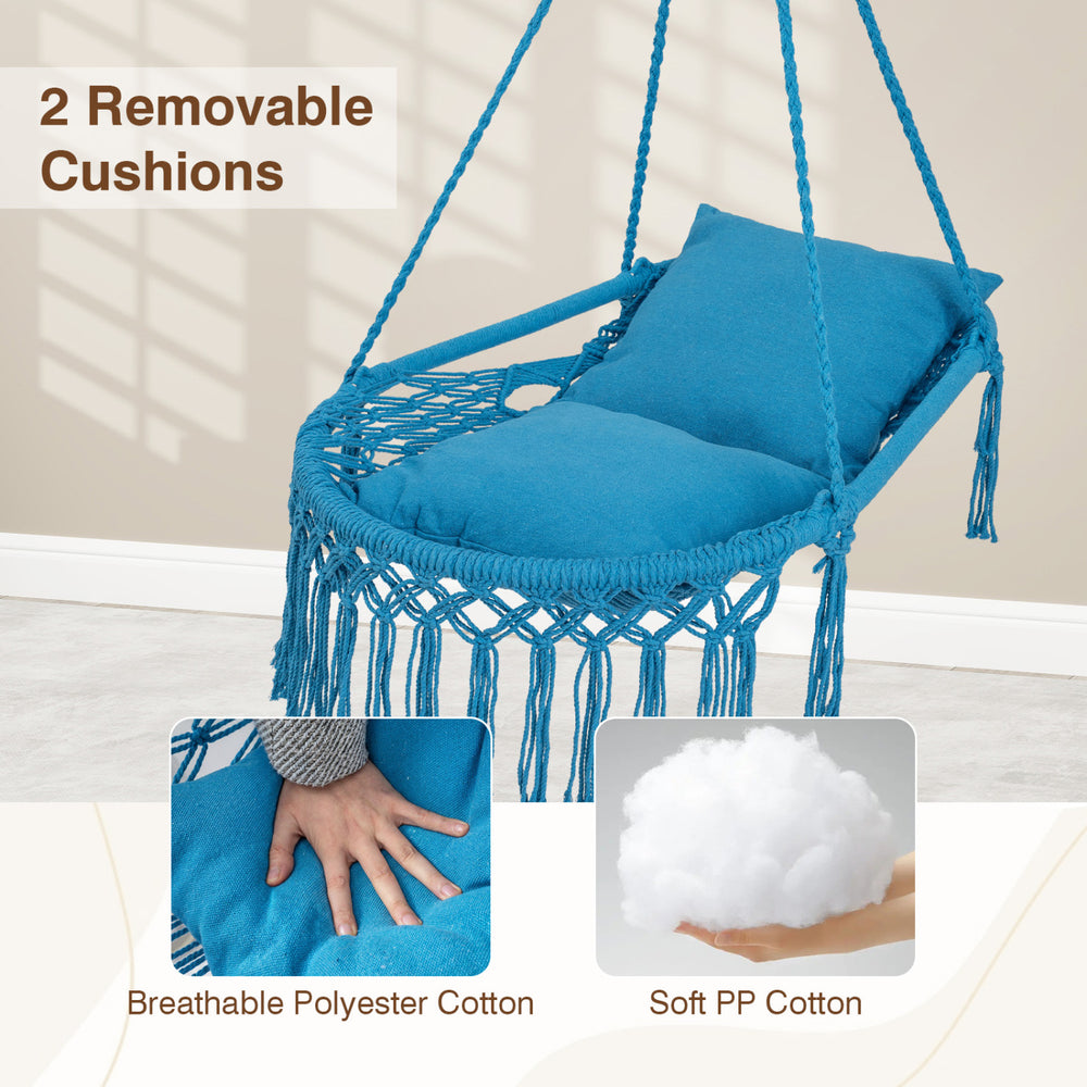 Macrame swing chair with navy removable cushions, featuring breathable polyester cotton for indoor and outdoor comfort.