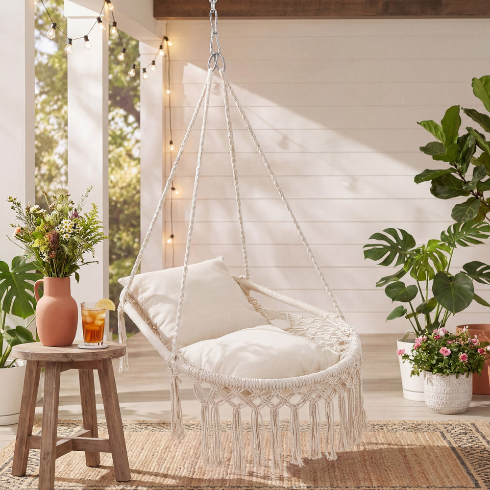Macrame Swing Chair Hammock Chair with 2 Removable Cushions-Beige - Gallery View 1 of 10