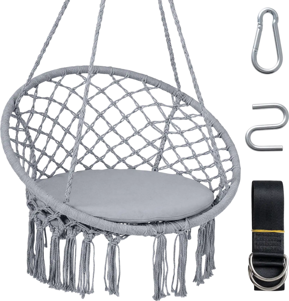 Macrame swing chair in grey with round seat cushion, sturdy metal frame, and decorative fringes for indoor or outdoor.