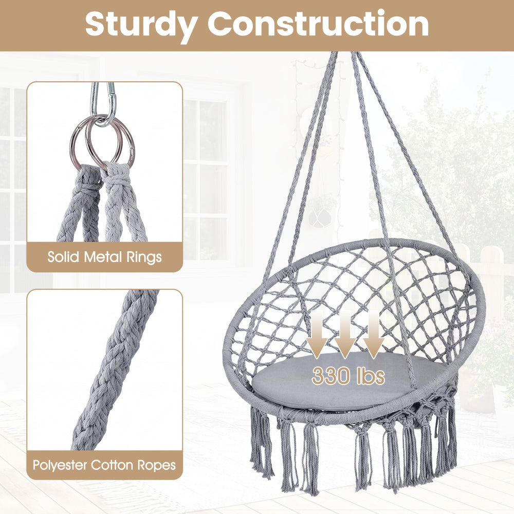 Macrame swing chair in grey with round seat cushion, sturdy metal rings, supports 330 lbs, ideal for indoor or outdoor.
