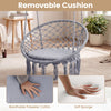 Macrame swing chair with grey round seat cushion, featuring a sturdy frame and bohemian style, ideal for indoor or.