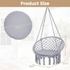 Macrame swing chair hammock with round grey seat cushion, dimensions 24.5" x 17", ideal for indoor and outdoor use.
