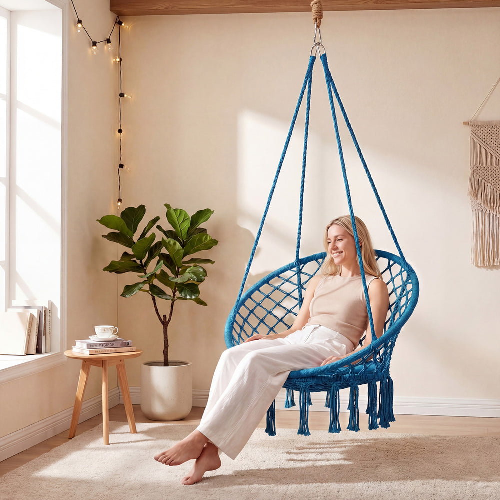 Macrame Swing Chair Hammock Chair with Round Seat Cushion-Blue - Gallery View 1 of 10