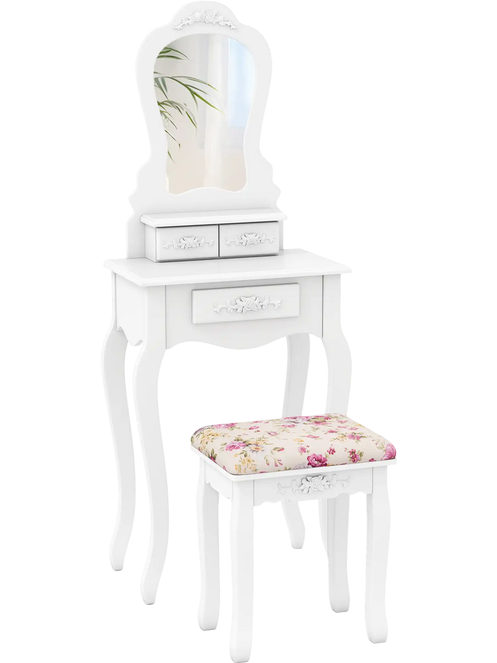Makeup dressing table with removable mirror, three drawers, and cushioned stool in elegant white design for girls.