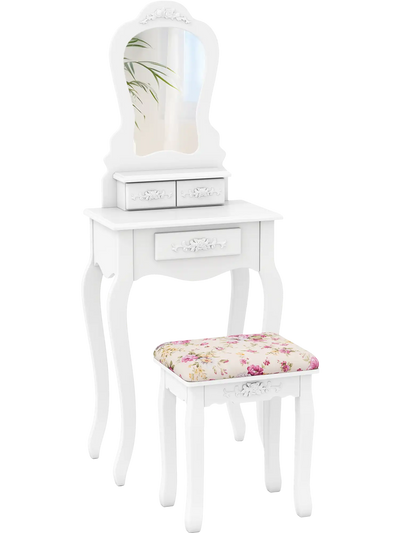 Costway Makeup Vanity Dressing Table Bench 3 Drawers Cushioned Stool 48365102 New