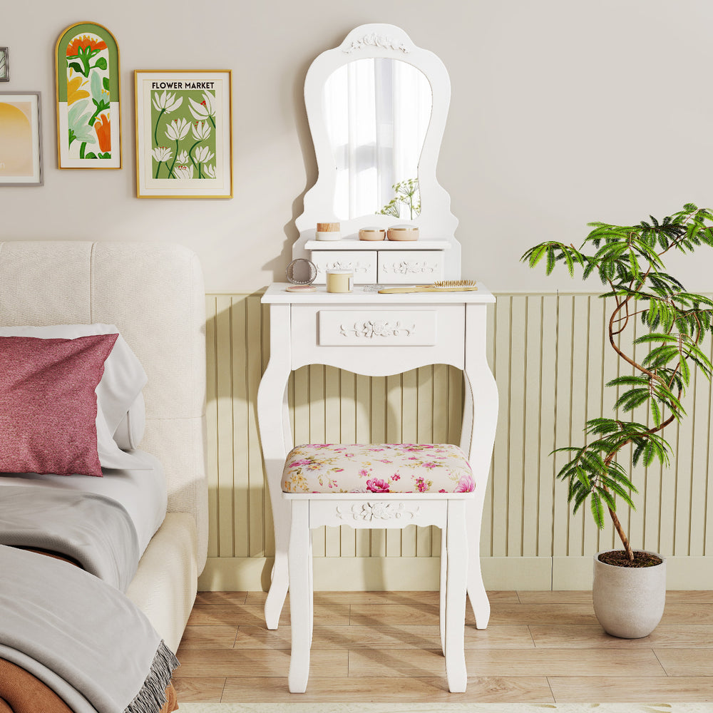 Makeup dressing table with removable mirror, three drawers, and cushioned stool in white for elegant home decor.
