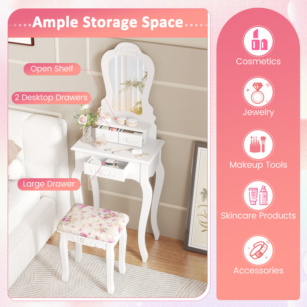 Makeup dressing table with removable mirror, three drawers, and cushioned stool in elegant white for organized.