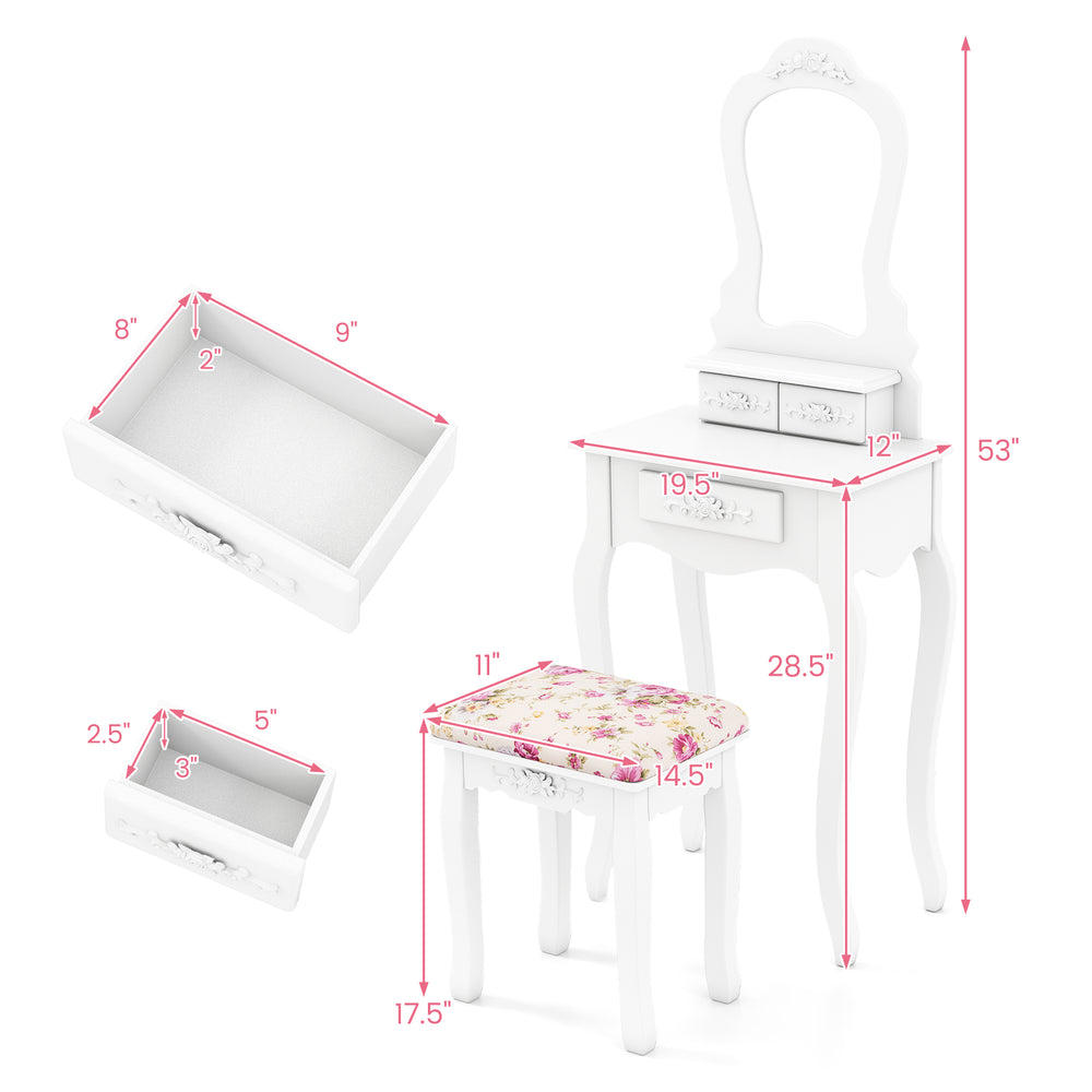 Dimensions of the makeup dressing table and cushioned stool set, showcasing height, width, and drawer sizes for easy.